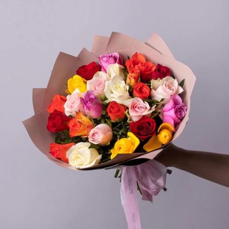 Розы ПРОМО с фисташкой, разноцветные, 25 стеблей 